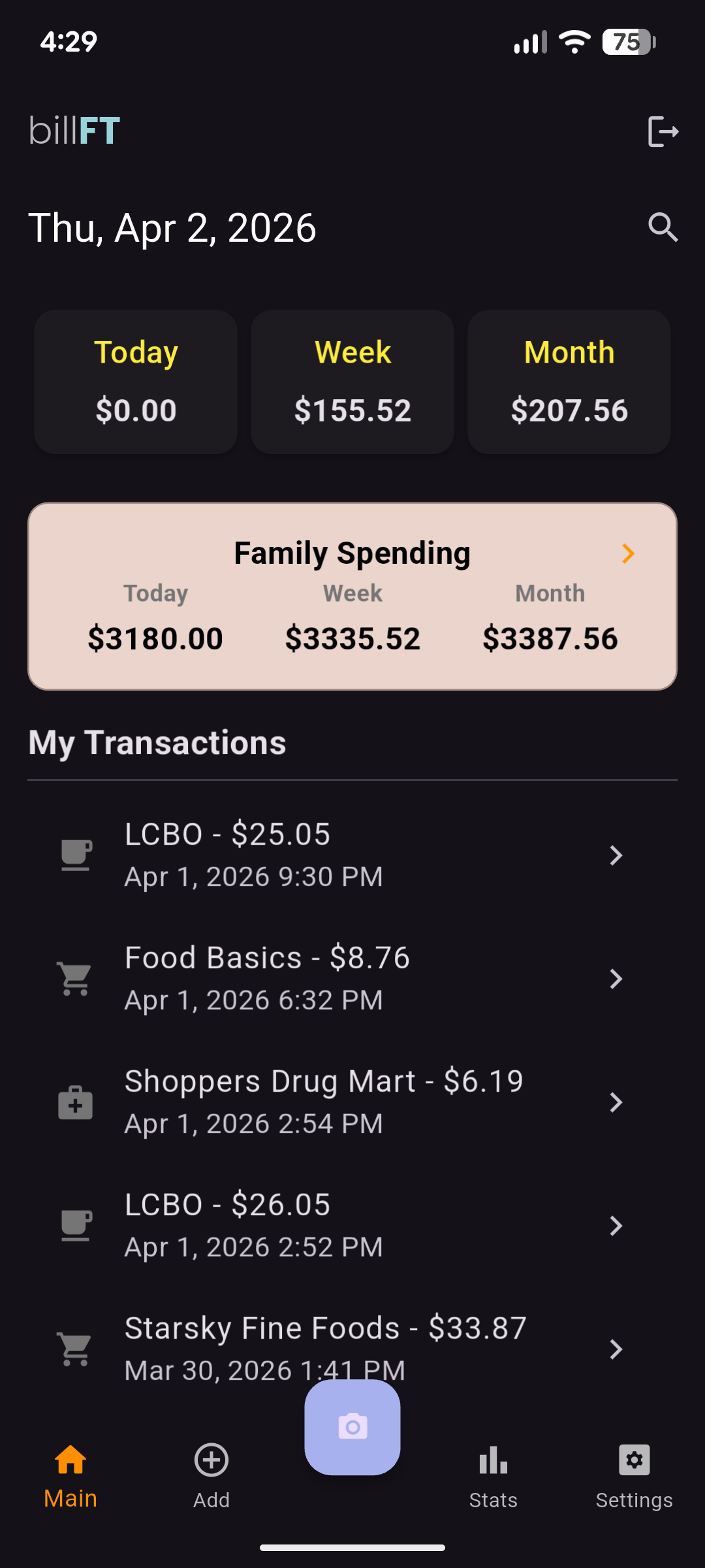 billFT app screenshot showing spending summary
